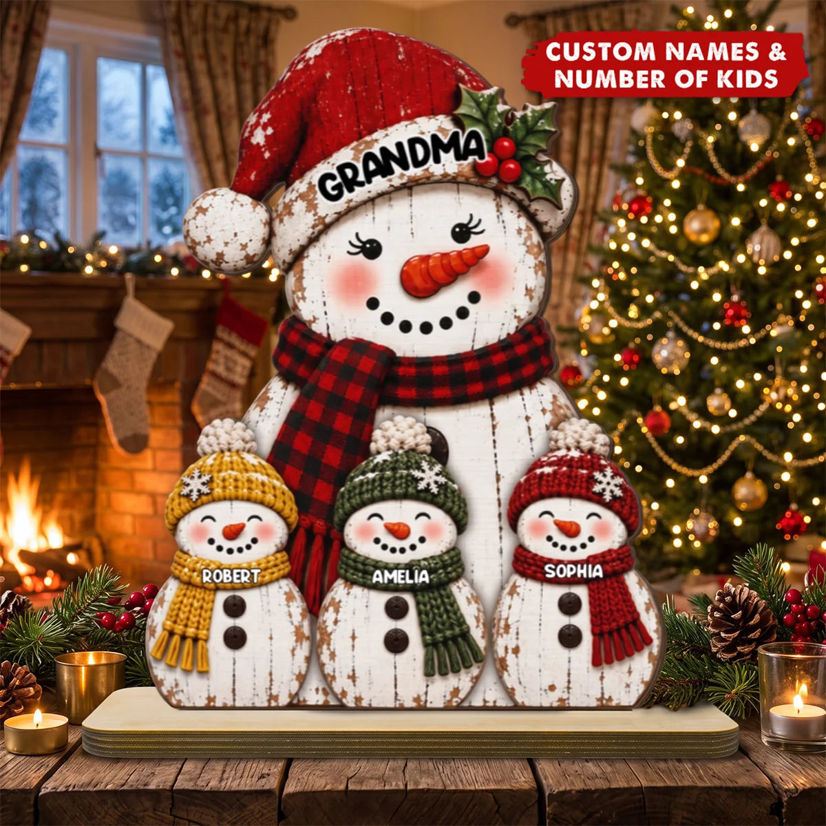 Snowman Family Personalized Wooden Plaque for Grandma - Custom Grandkids Names Holiday Keepsake Gift