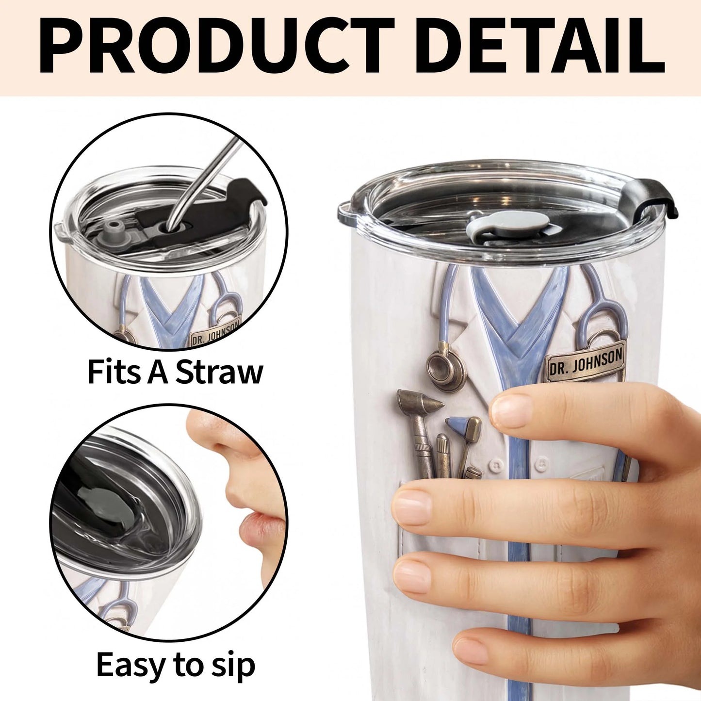 Personalized doctor tumbler featuring 3D style white lab coat stethoscope design with custom name tag for doctors image 9