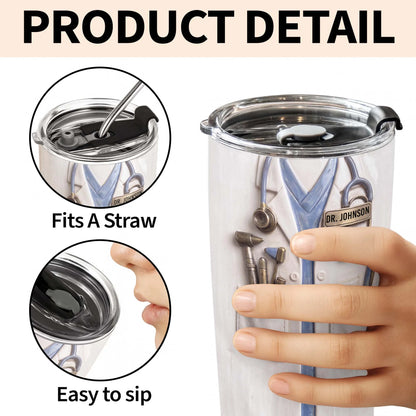 Personalized doctor tumbler featuring 3D style white lab coat stethoscope design with custom name tag for doctors image 9