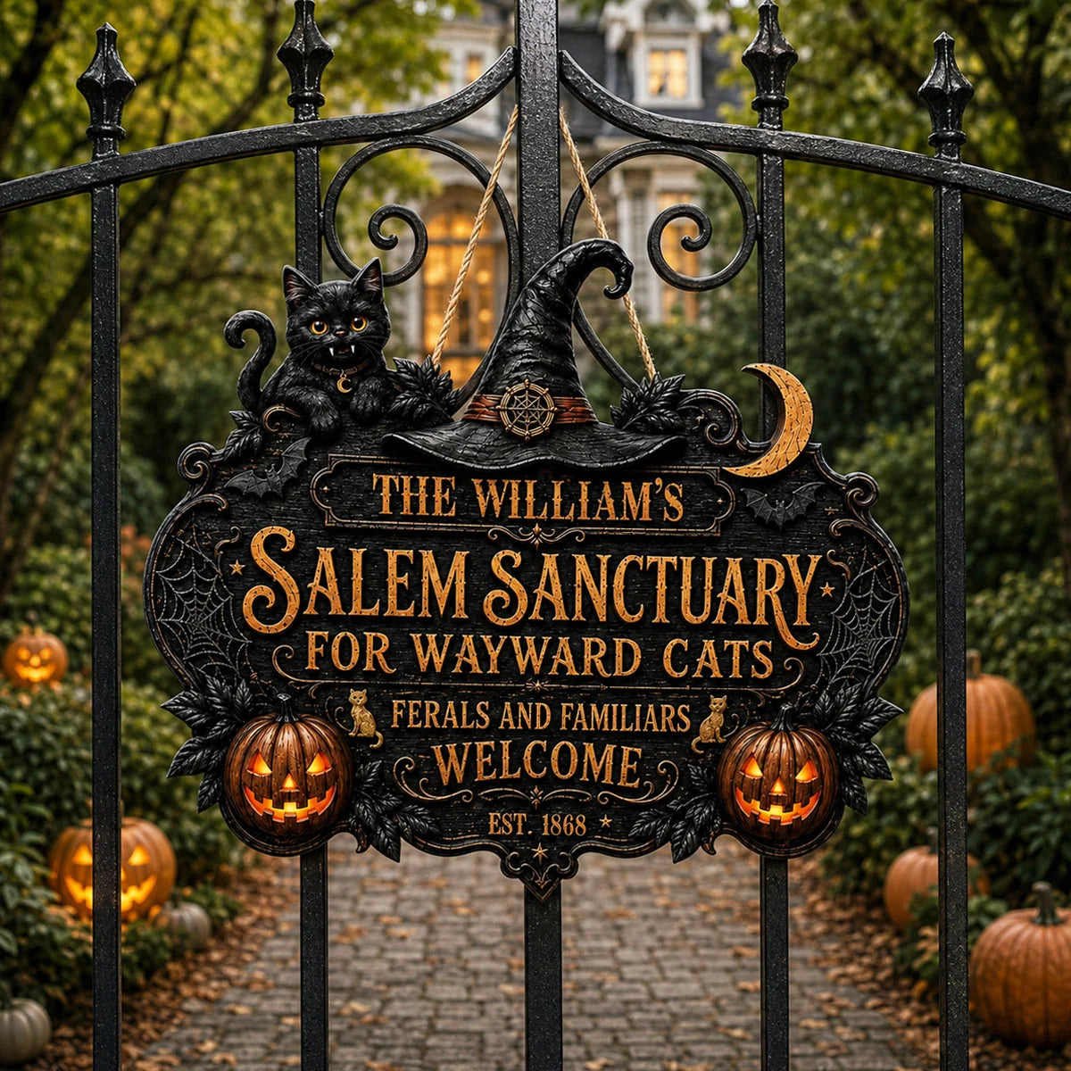 Salem Sanctuary For Wayward Cats Personalized Wood Sign - Custom Halloween Decor Gift for Cat Lovers