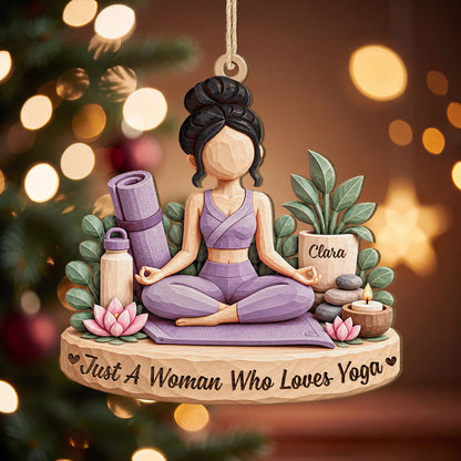 Just A Woman Who Loves Yoga Personalized Wooden Ornament - Custom Meditation Christmas Keepsake for Yogis