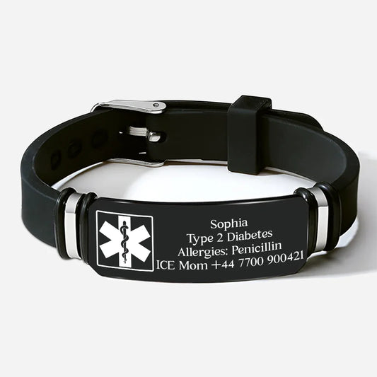 Personalized medical alert bracelet with customizable emergency contact text and medical symbol for men and women