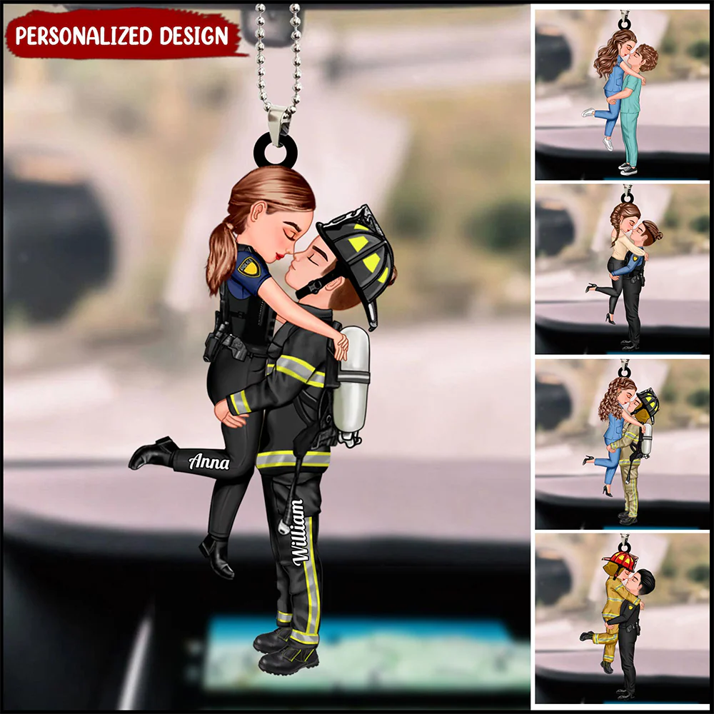 Personalized first responder couple acrylic ornament featuring a custom police officer and firefighter embrace