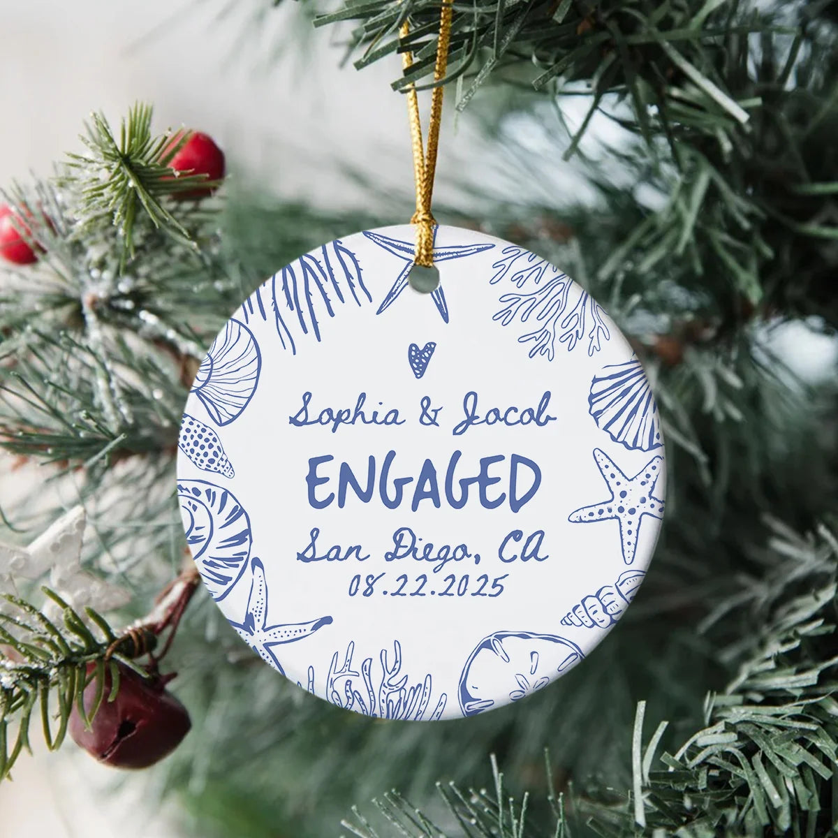 Personalized Engaged Coastal Ceramic Ornament - Custom Beach Wedding Keepsake Gift for Couples