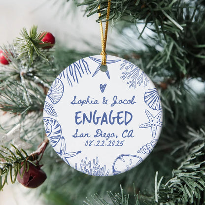 Personalized Engaged Coastal Ceramic Ornament - Custom Beach Wedding Keepsake Gift for Couples