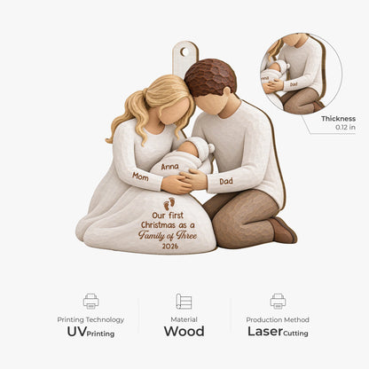 Our First Christmas as a Family of Three - Personalized Wooden Ornament for New Parents