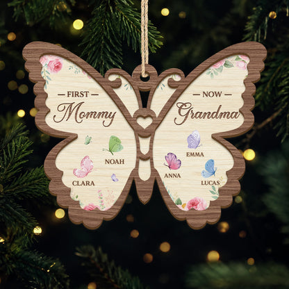 "First Mommy Now Grandma" Personalized Wooden Ornament - Custom Grandkids Butterfly Keepsake Gift