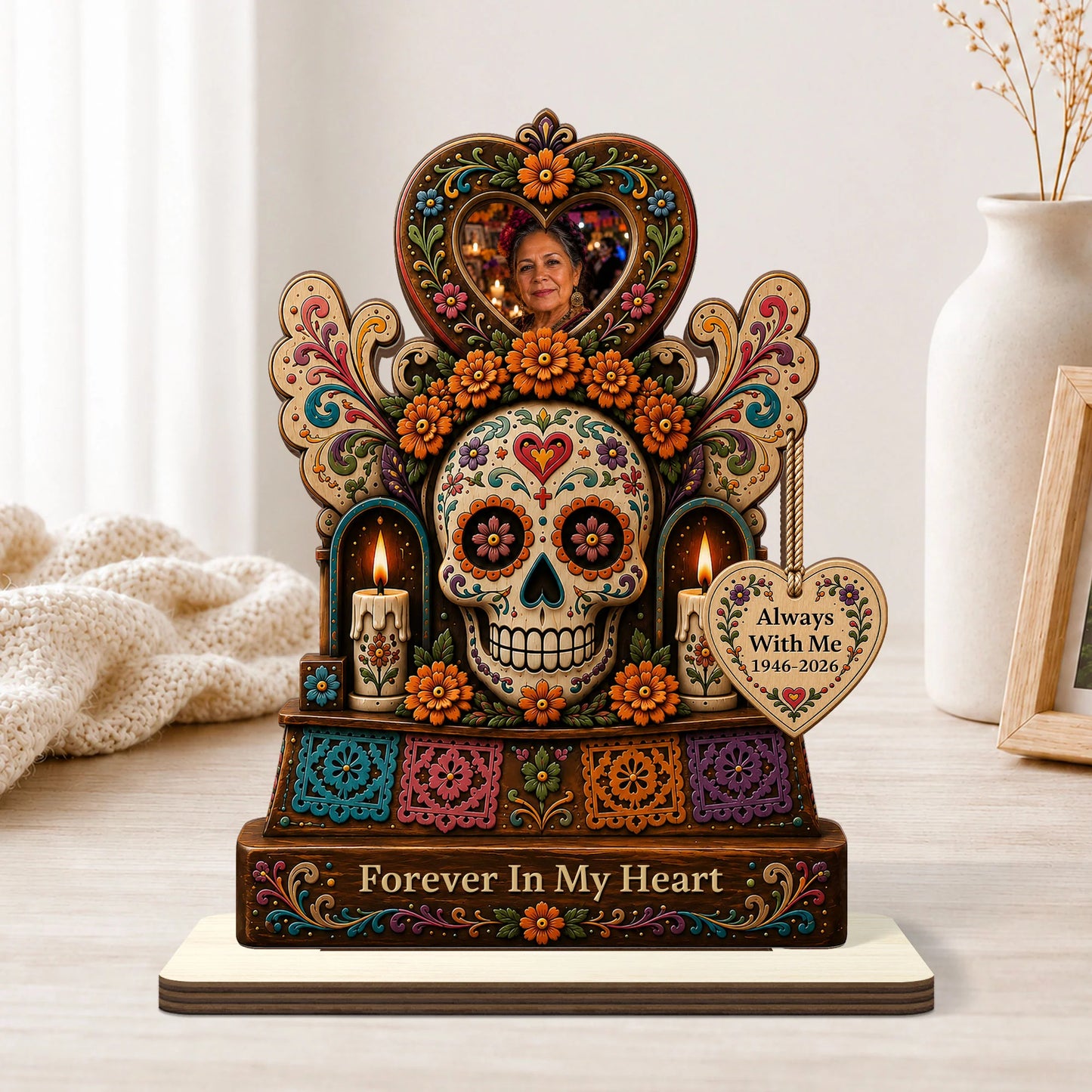 "Forever In Our Hearts" Personalized Memorial Wooden Plaque - Custom Day of the Dead Keepsake for Family