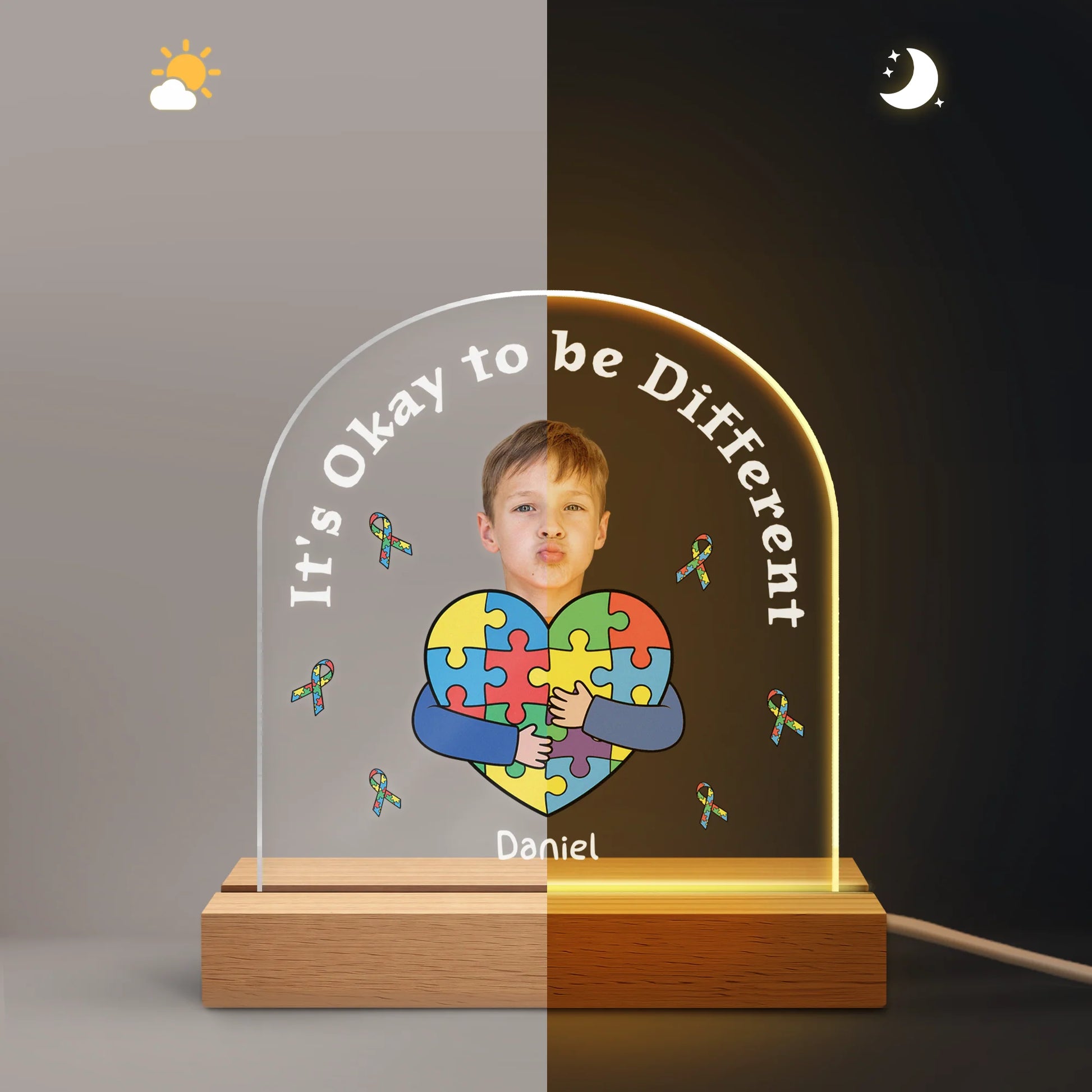 "It's Okay to be Different" Personalized Photo LED Night Light - Custom Autism Awareness Gift  for Kids