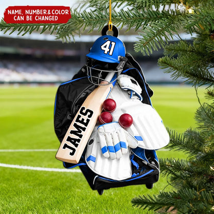 Personalized Cricket Christmas Ornament - Custom Name & Number Wooden Sports Keepsake for Cricket Players and Sons