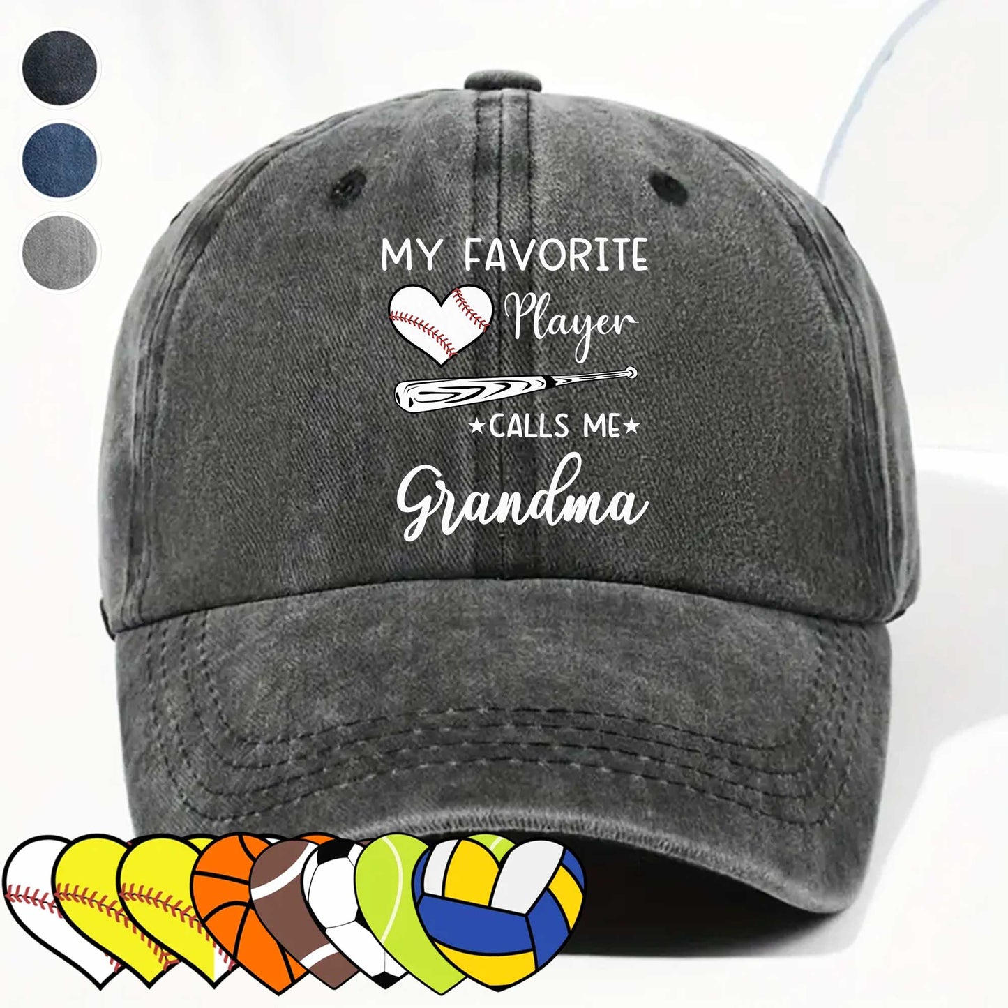 Custom grandma baseball cap with My Favorite Player Calls Me Grandma print on washed denim hat