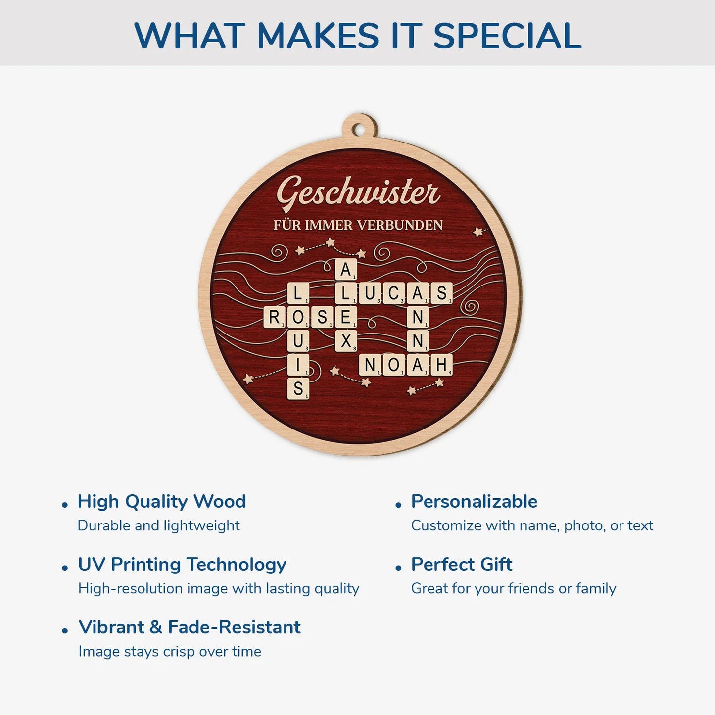 Brothers & Sisters Forever Linked Together - Personalized Wood Crossword Ornament for Family