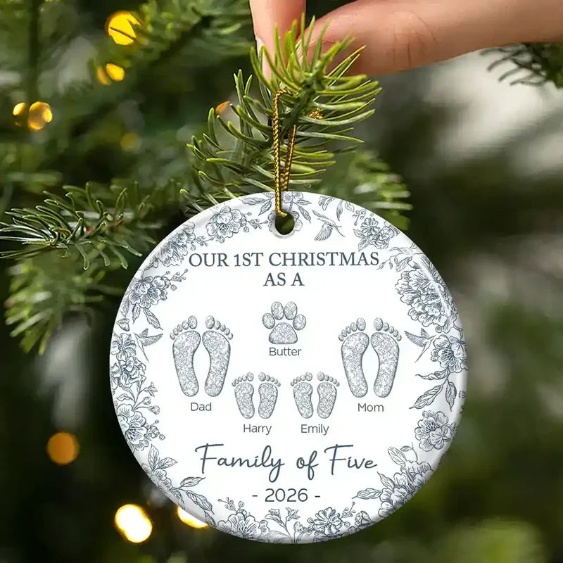 "Our First Christmas As A Family" Personalized Ceramic Ornament - Custom Baby Footprint Holiday Keepsake