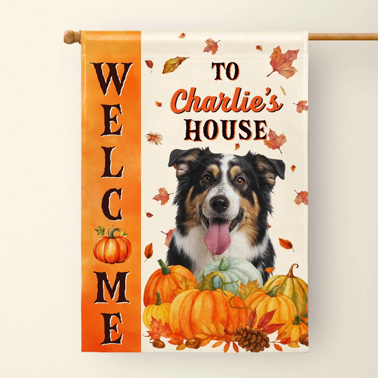 Custom dog garden flag with pumpkins and autumn leaves reading Welcome to Charlie's House - fall yard decor image 6