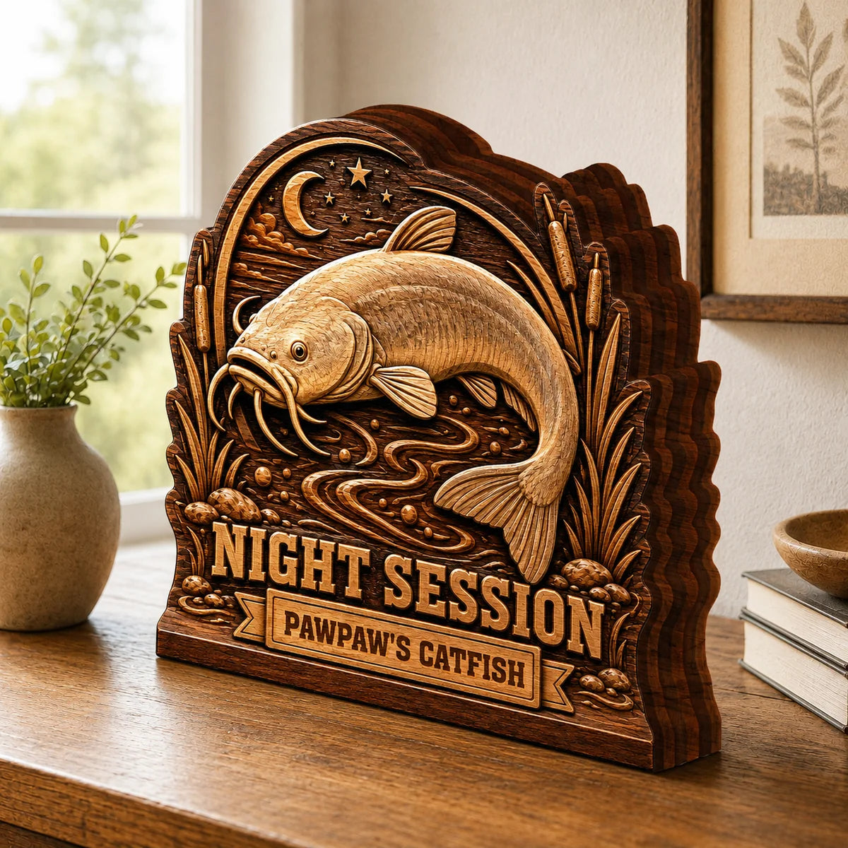 "Night Session" Personalized Catfish Fishing Wooden Block - Custom Gift for Fisherman