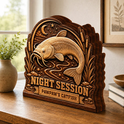 "Night Session" Personalized Catfish Fishing Wooden Block - Custom Gift for Fisherman