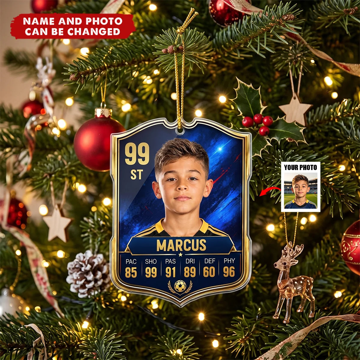 Soccer Card Custom Photo & Stats – Personalized Acrylic Ornament for Son, Christmas Gift