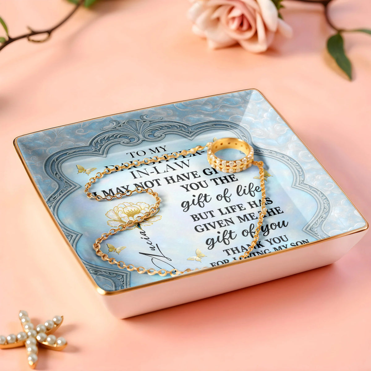 To My Daughter-In-Law, Flowers And Butterflies Beautiful Ceramic Dish