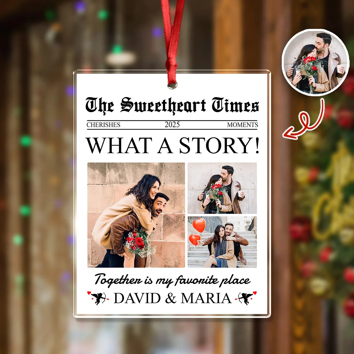 "The Sweetheart Times" Personalized Acrylic Ornament - Custom Couple Photo Christmas Keepsake