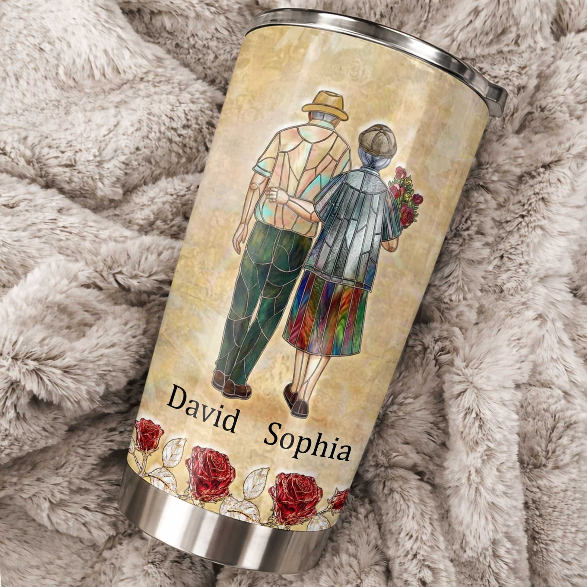 Personalized couple tumbler with stained glass style old couple art and custom names for anniversary gift image 9