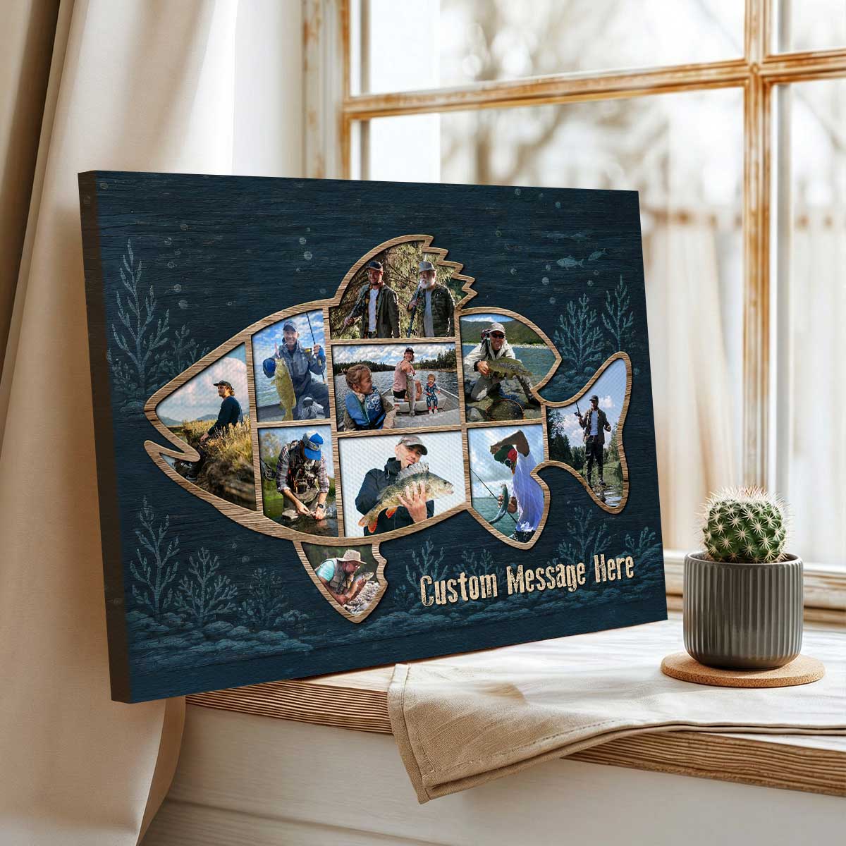 "Dad's Fishing Legacy" Personalized Fish Shape Photo Canvas / Poster - Custom Keepsake Gift for Cabin Decor