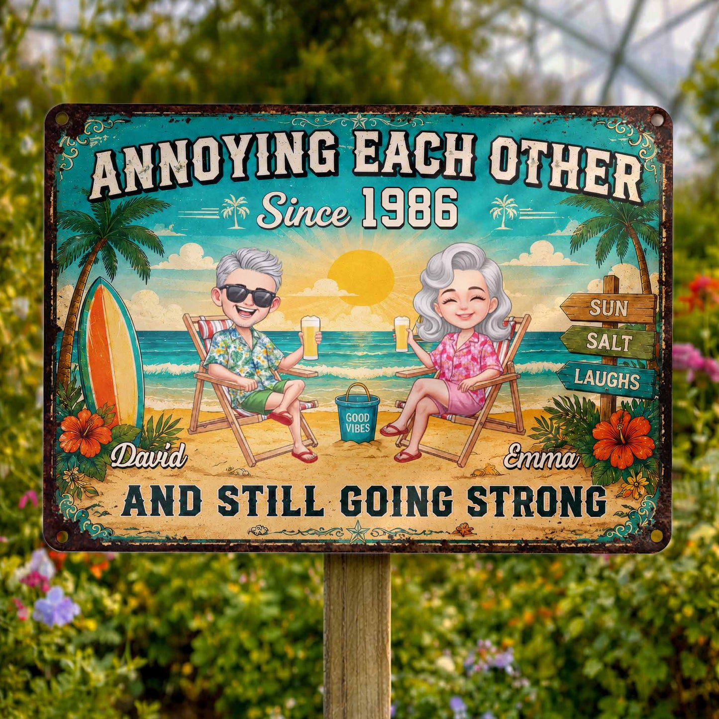 Personalized couple metal sign with funny beach scene illustration and custom names - unique gift for anniversary image 8