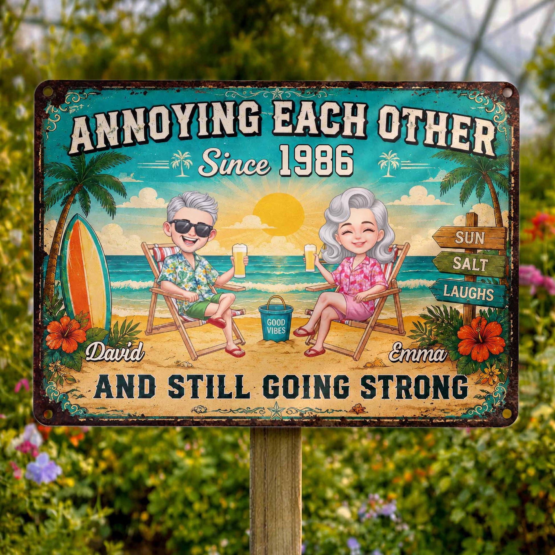 Personalized couple metal sign with funny beach scene illustration and custom names - unique gift for anniversary image 8