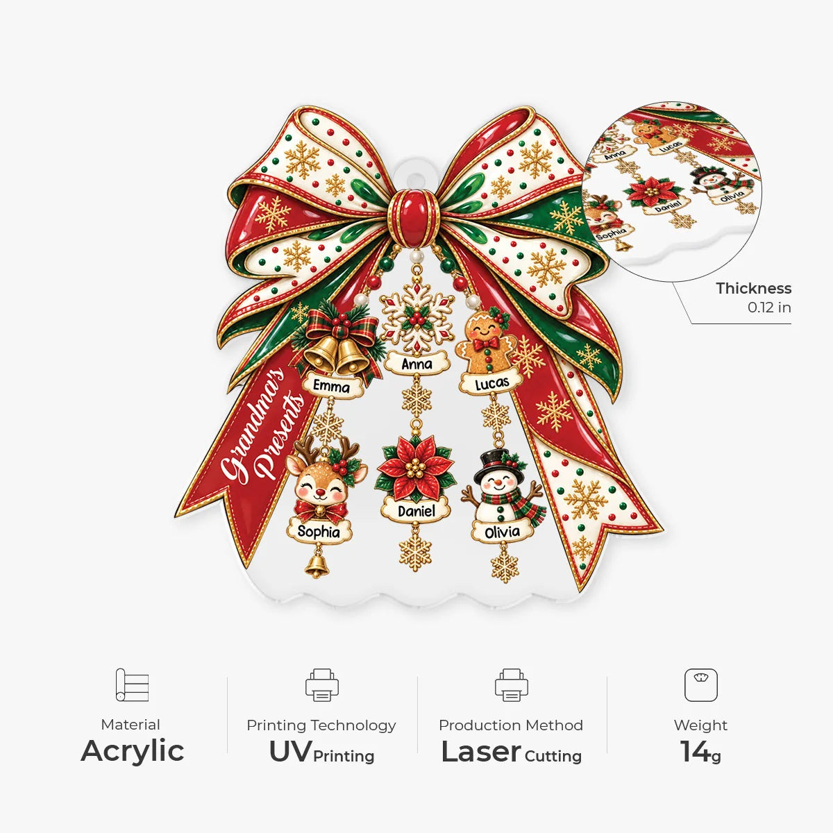 Grandma's Presents Personalized Acrylic Ornament - Custom Christmas Bow Family Gift