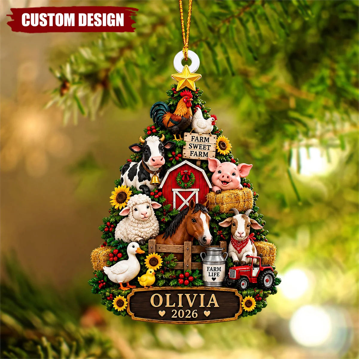 Farm Sweet Farm Christmas Tree Ornament - Personalized Wooden Holiday Keepsake for Family