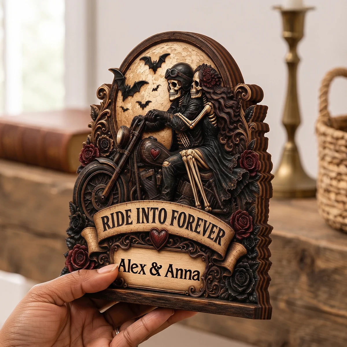 Ride Into Forever Skeleton Biker Couple - Personalized Wooden Block Gift for Husband Wife