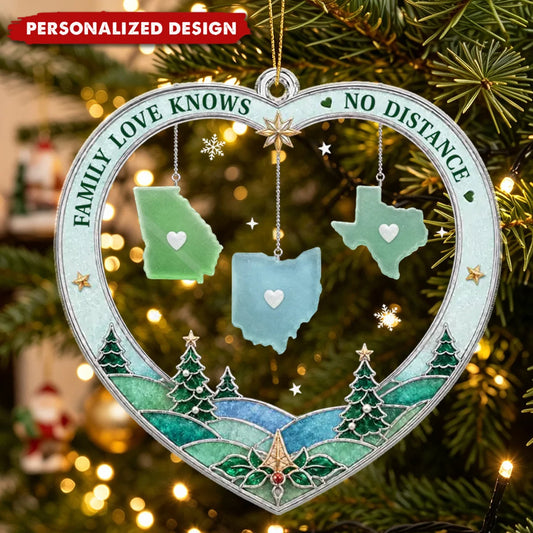 "Family Love Knows No Distance" Personalized US State Map Heart Acrylic Ornament - Christmas Gift for Family