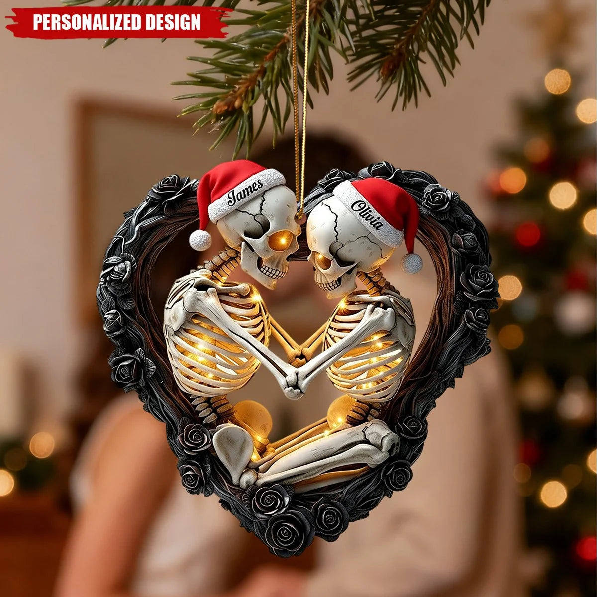 Personalized Skeleton Couple Acrylic Ornament - Custom Names Gothic Skull Heart Keepsake Gift