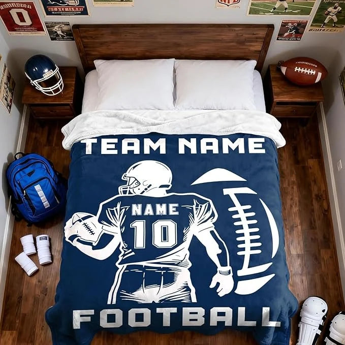 Custom Football Blanket with Name Jersey Number - Personalized Fleece Throw Blanket for Football Players