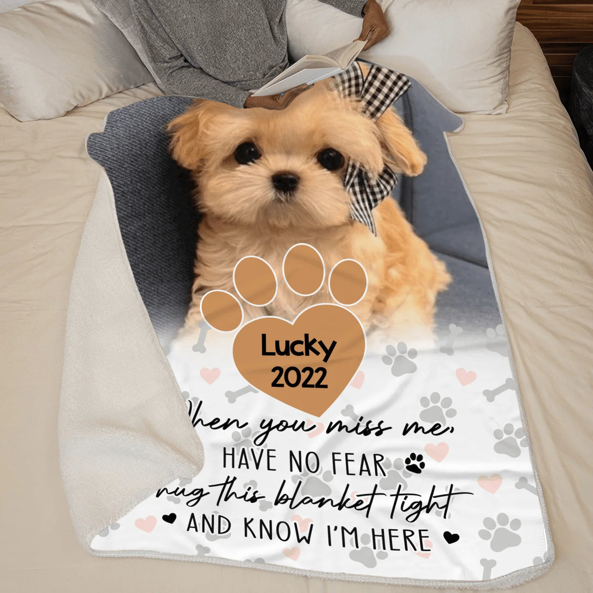 Custom Photo Memorial Pet When You Miss Me, Hug This Blanket fleece blanket, spread across a bed