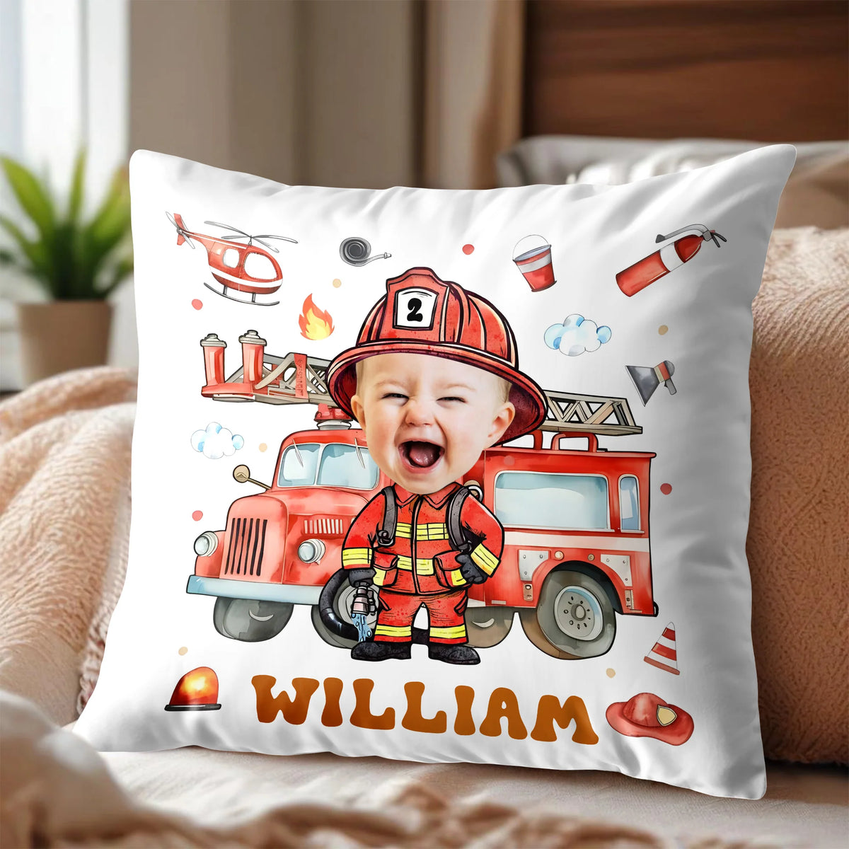 Personalized Firefighter Photo Pillow - Custom Little Heroes Name Throw Pillow Gift for Boys Kids Bedroom Decor