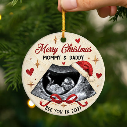 Merry Christmas Mommy & Daddy - Custom Ultrasound Ceramic Ornament for Expecting Parents