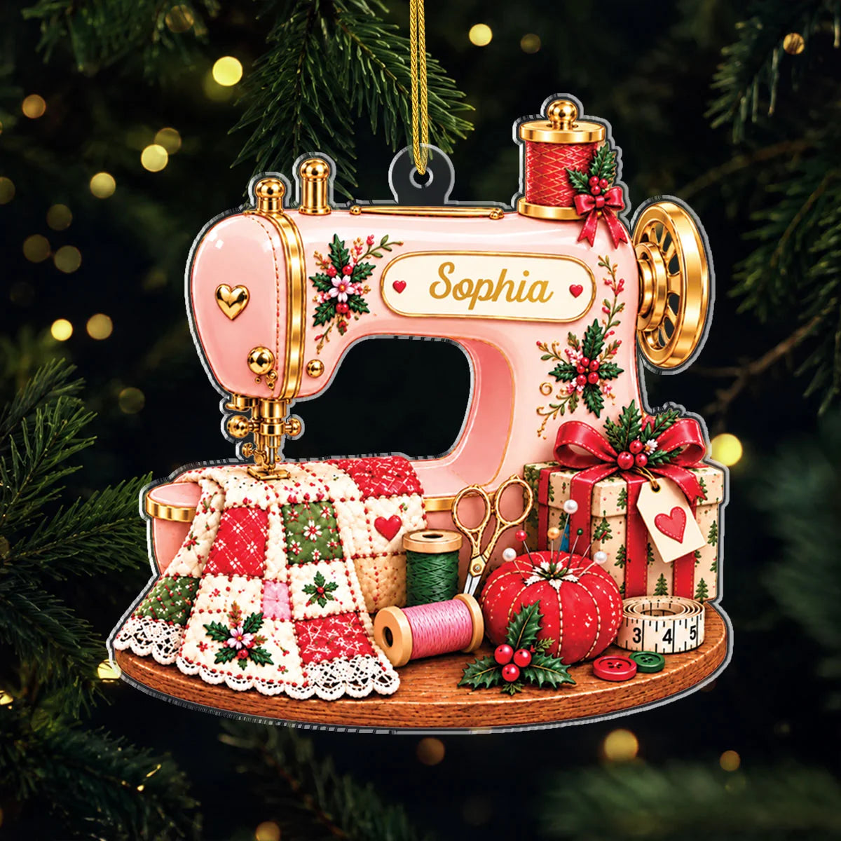 Vintage Sewing Machine Acrylic Ornament - Personalized Quilter Christmas Gift