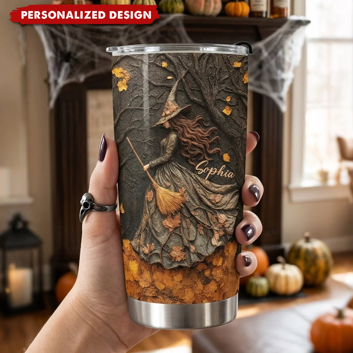 Spooky Witch Art Print Personalized Tumbler - Custom Halloween Gift for Friends