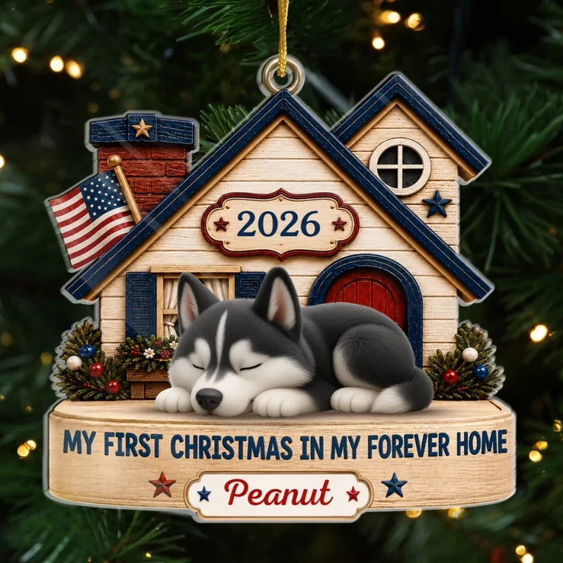 "First Christmas In Forever Home" Personalized Dog Ornament - Custom Acrylic Pet Gift