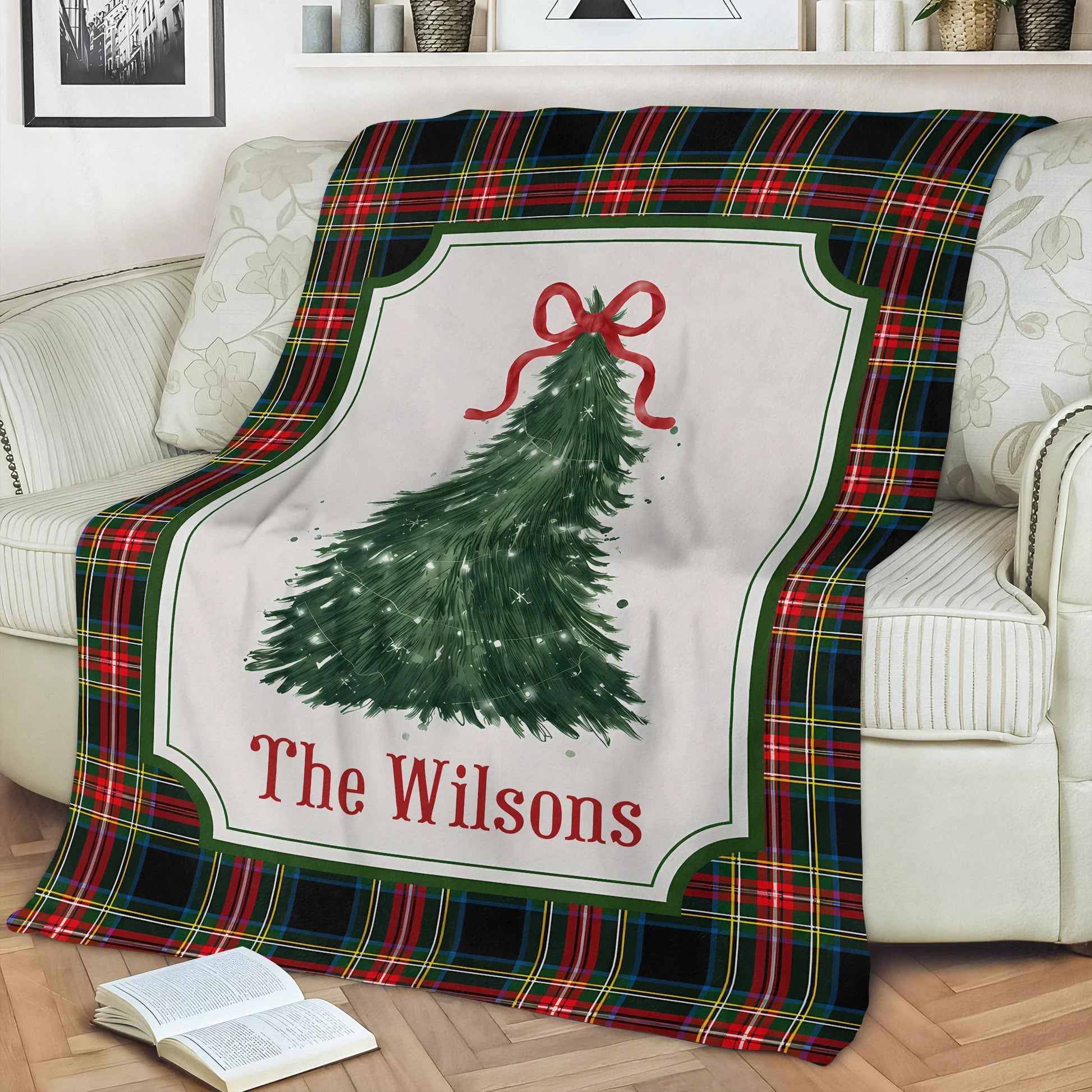 Festive Plaid Tree Personalized Christmas Family Blanket - Custom Cozy Holiday Living Room Decor