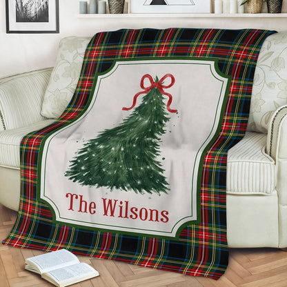 Festive Plaid Tree Personalized Christmas Family Blanket - Custom Cozy Holiday Living Room Decor