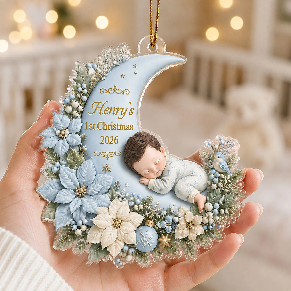 Baby's 1st Christmas Sleeping on Floral Moon - Personalized Acrylic Ornament Gift