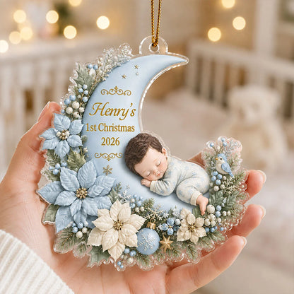 Baby's 1st Christmas Sleeping on Floral Moon - Personalized Acrylic Ornament Gift