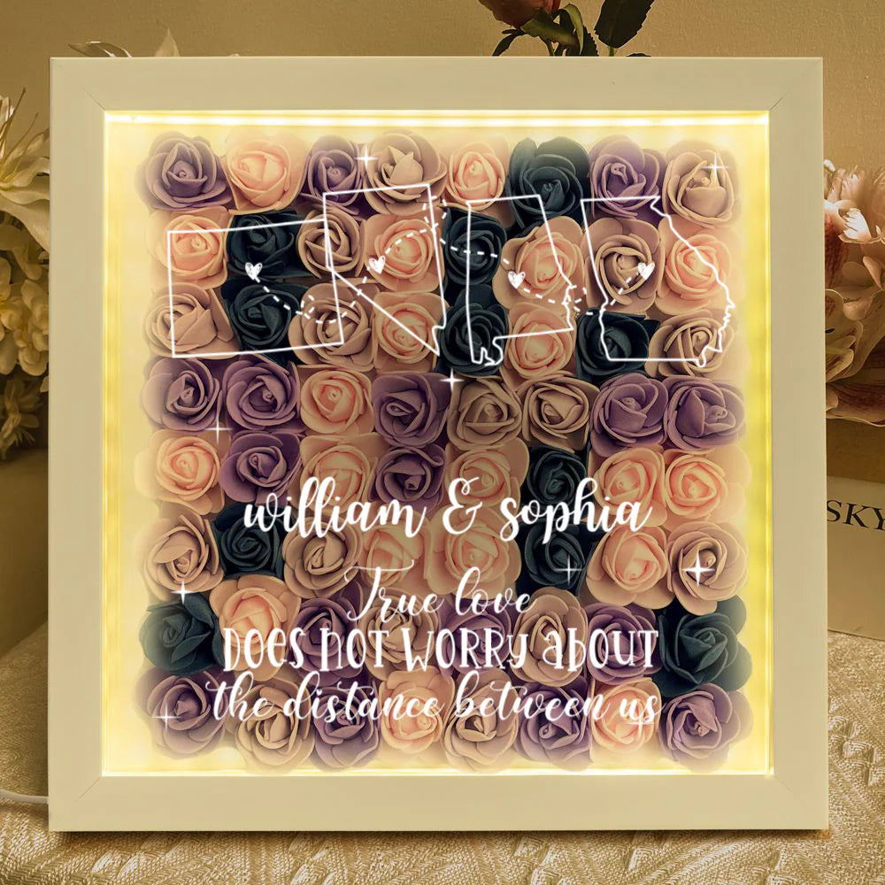 Custom long distance relationship flower shadow box with illuminated LED light frame for couples anniversary gift image 7