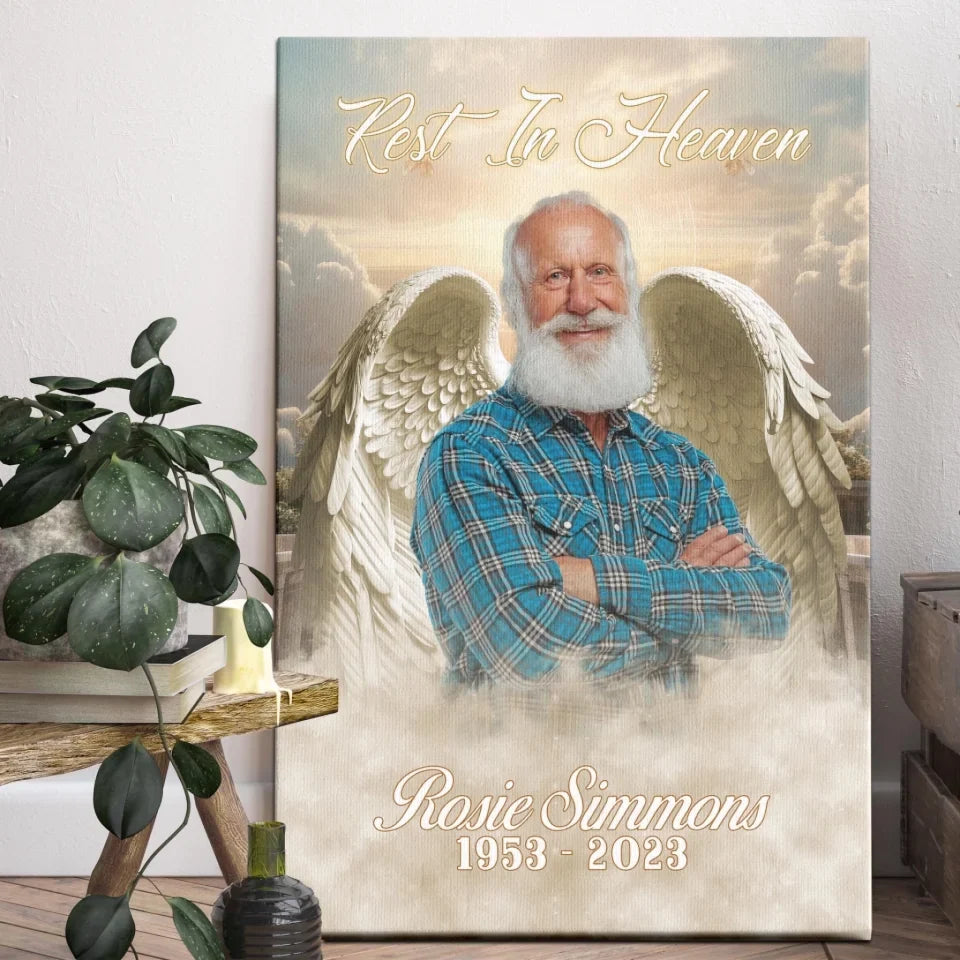 "Rest in Heaven" Personalized Angel Wings Memorial Photo Canvas / Poster – A Loving Tribute for Family