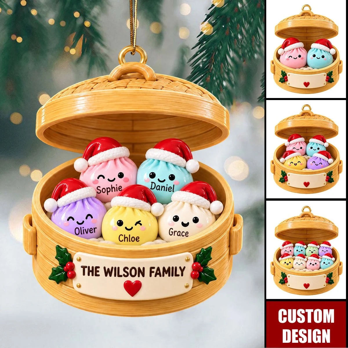 Personalized Dumpling Christmas Ornament - Custom Dim Sum Steamer Keepsake for Family