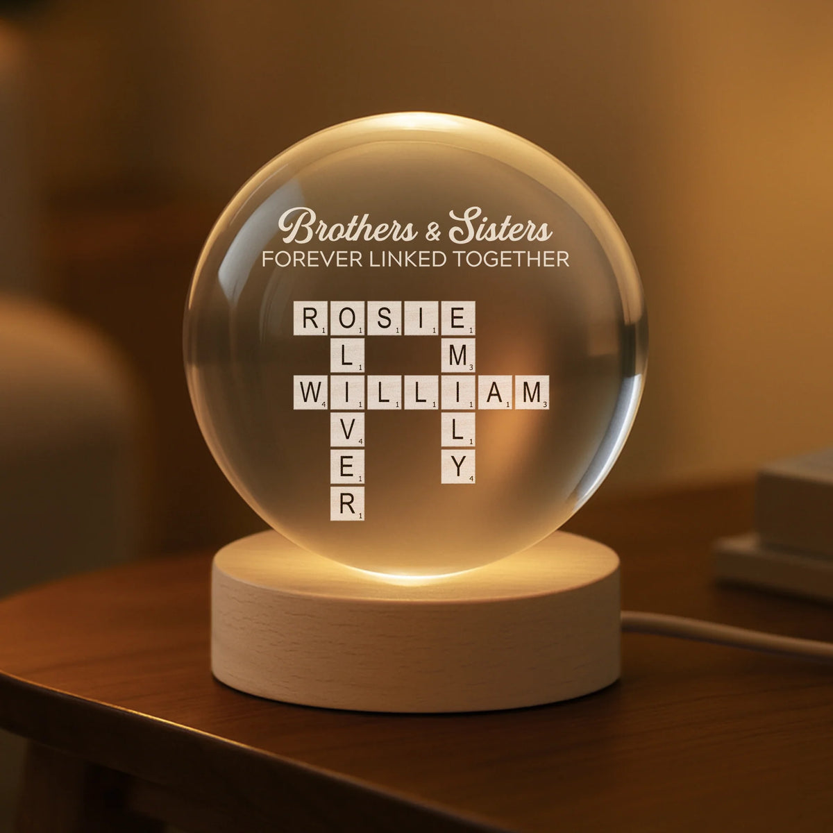 Forever Linked Together Personalized Crossword Crystal Ball Lamp - Birthday Gift for Family, Mom
