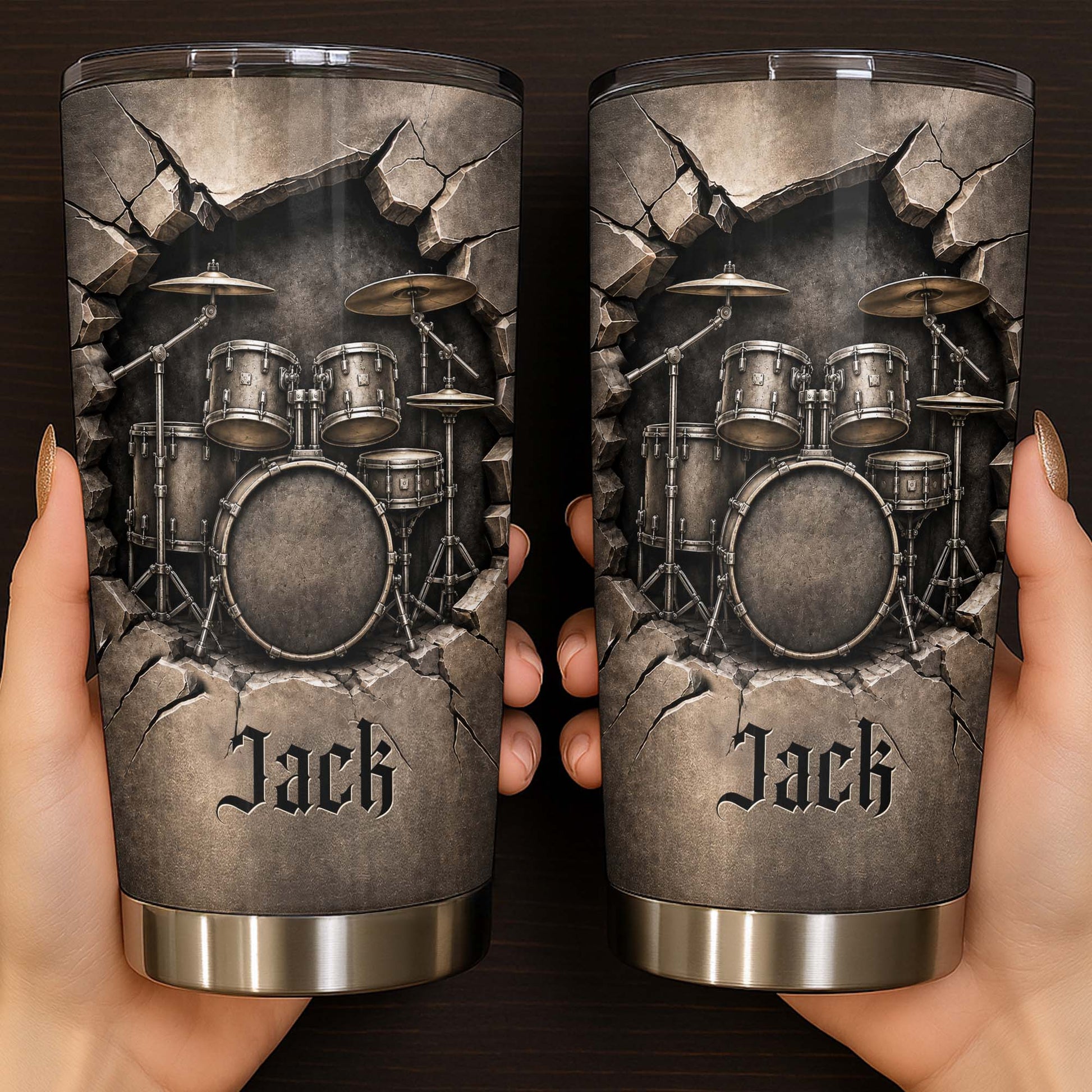 Personalized drum kit tumbler with custom name and 3D cracked wall design for drummers image 7