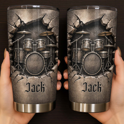 Personalized drum kit tumbler with custom name and 3D cracked wall design for drummers image 7