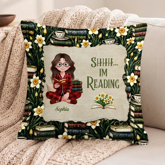 Shhh Im Reading Personalized Woven Pillow - Custom Reading Nook Decor Gift for Book Lovers